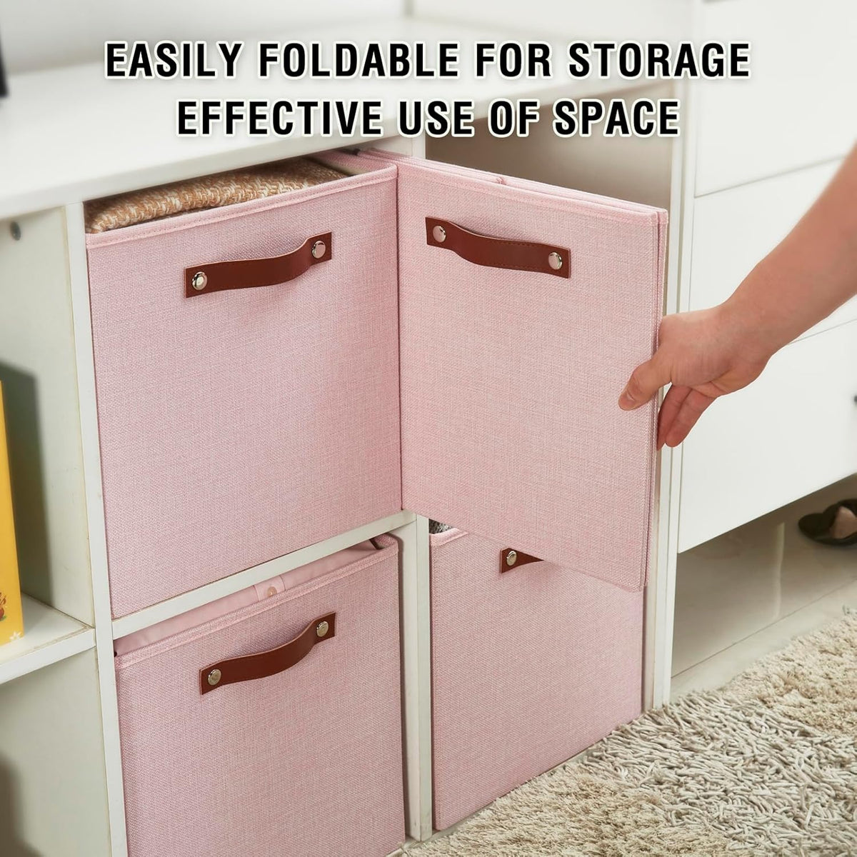 Collapsible Fabric Storage Cube Bins with 2 Reinforced PU Handles, Foldable Storage Organizer Baskets for Closet, Shelves, Living Room | 13"x13"x13", 4 Pack, Full Pink