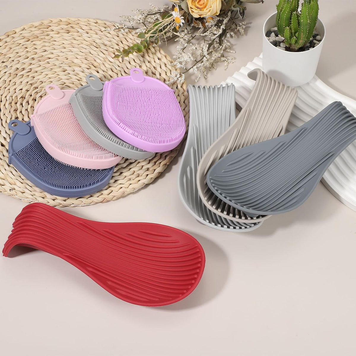 uxcell 1 Set Silicone Spoon Rest for Stove Top, Silicone Spoon Holder for Cooking Spatula, Ladle, Brush Red/Purple