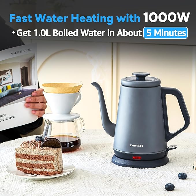 DmofwHi Gooseneck Electric Kettle(1.0L),1000W Electric Tea Kettle of 304 Stainless Steel,Auto Shut off,Water Kettle for Coffee and Tea-Grey