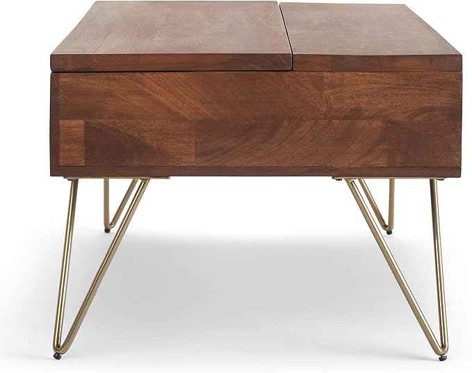 SIMPLIHOME Hunter Lift Top Coffee Table - 48 inch Wide Solid Mango Wood and Metal Industrial Cocktail Table in Umber Brown, Functional Living Room Table with 2 Storage Cubbies and Hairpin Legs