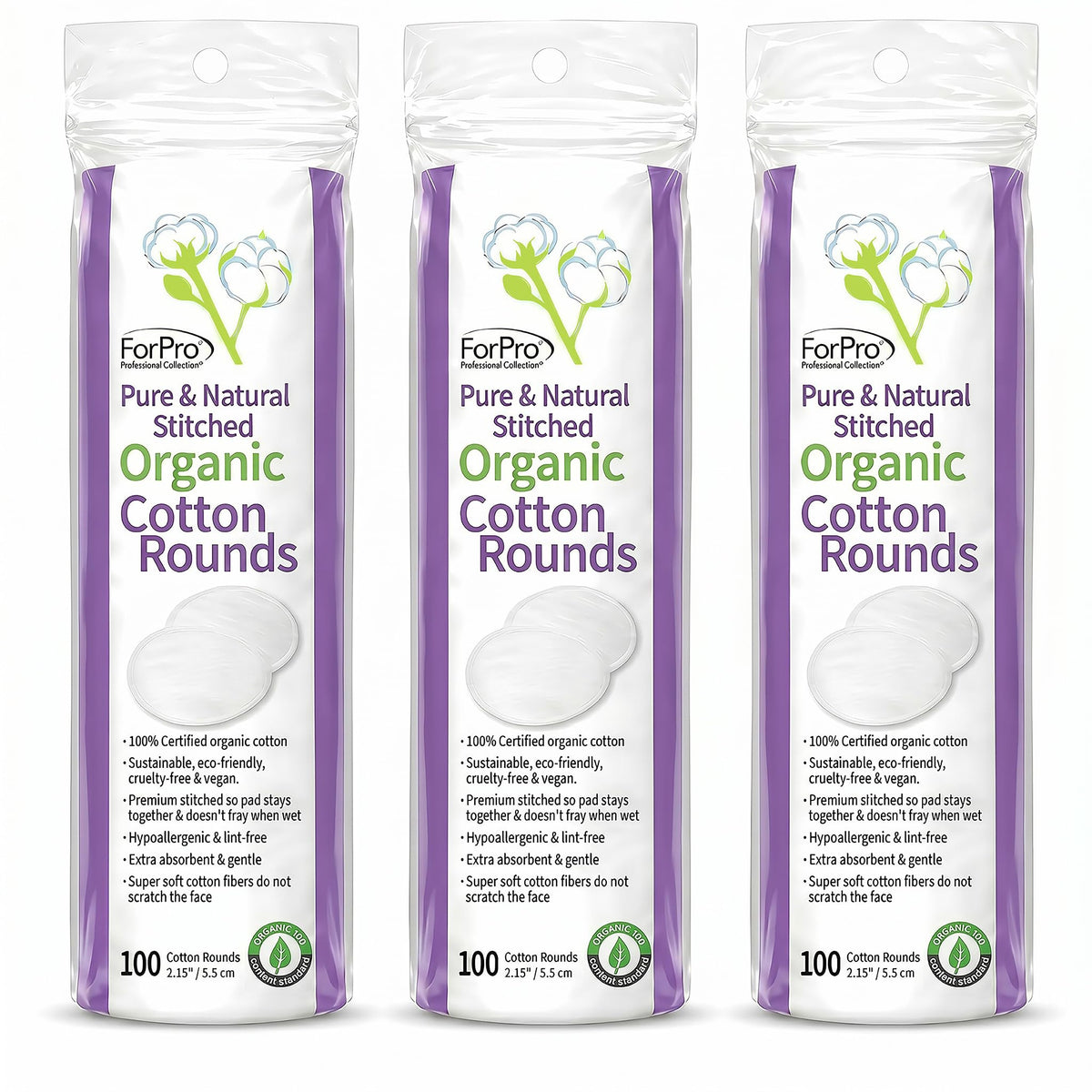 ForPro Organic Cotton Rounds for Face (300-Count) Stitched Makeup Remover Pads, 100% Certified, Lint-Free Hypoallergenic Skincare Pads for Toner, Sensitive Skin, Vegan & Cruelty-Free