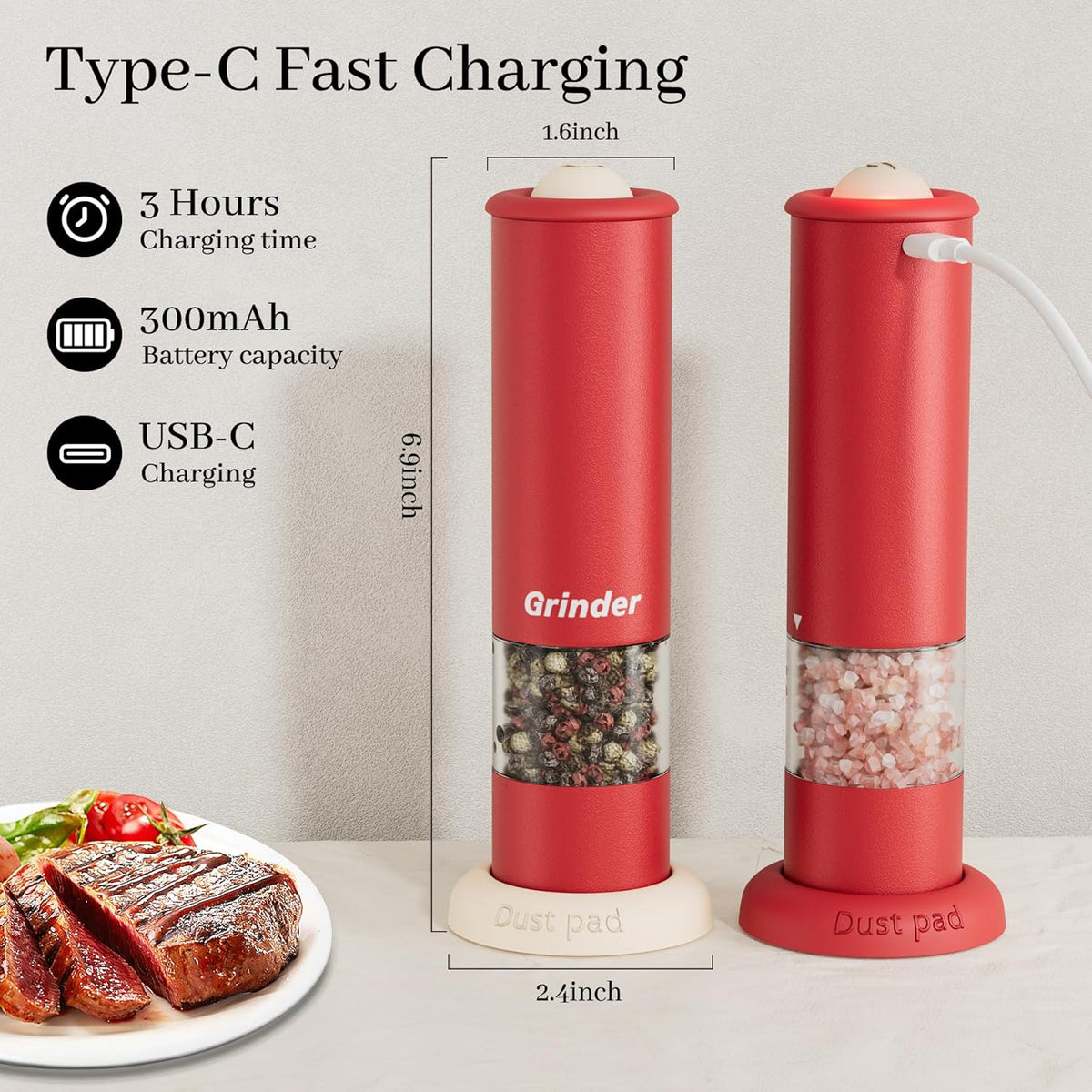 Electric Salt and Pepper Grinder Set, USB Rechargeable Adjustable Coarseness Automatic Salt Pepper Mill Shakers/Grinder Kitchen Spice Mill for Outdoor, Home Chefs Idea for New House Warming Gifts ﻿
