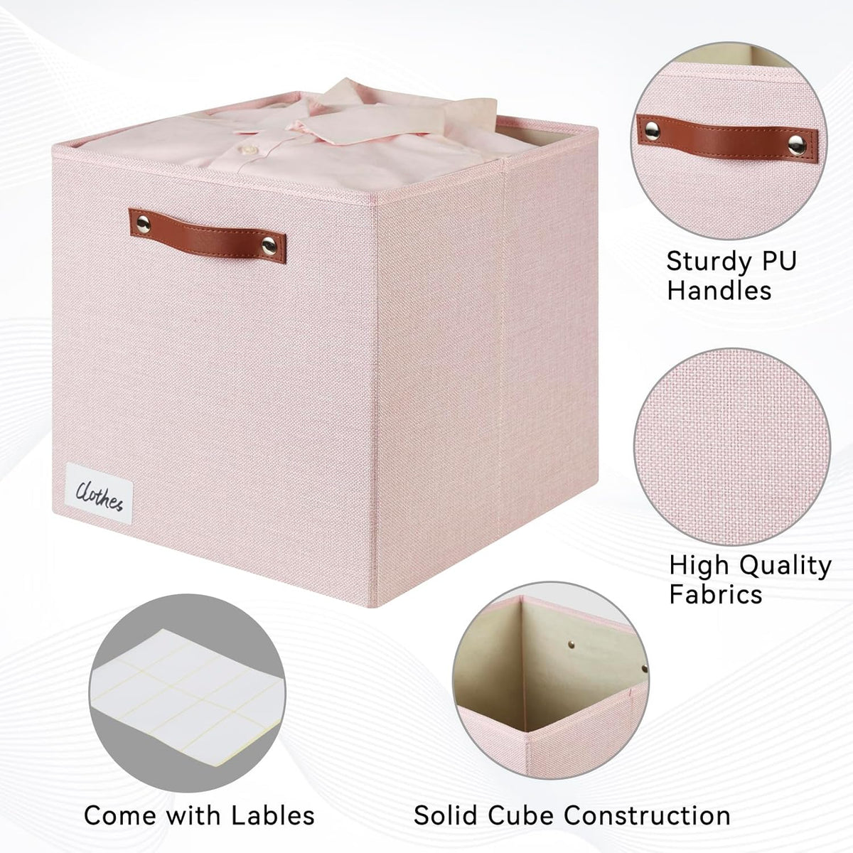 Collapsible Fabric Storage Cube Bins with 2 Reinforced PU Handles, Foldable Storage Organizer Baskets for Closet, Shelves, Living Room | 13"x13"x13", 4 Pack, Full Pink