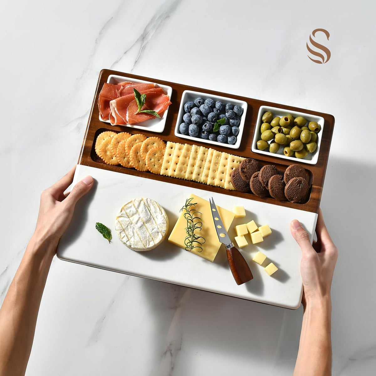 Shanik Wood - Marble Cheese Board Set with 3 Ceramic Bowls - Stainless Steel Cutlery Set, Charcuterie Board & Gift for Any Occasion (with Engraving)
