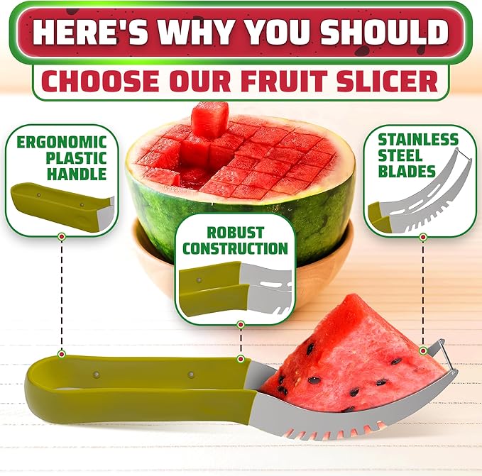 Stainless Steel Watermelon Slicer Tool – 9.05" x 1.5" Watermelon Cutter Tool Cuts 1 In Cubes & Slices – Ergonomic Handle, Mess-Free Fruit Cutting for Cantaloupe, Honeydew, Papaya & Other Summer Snacks