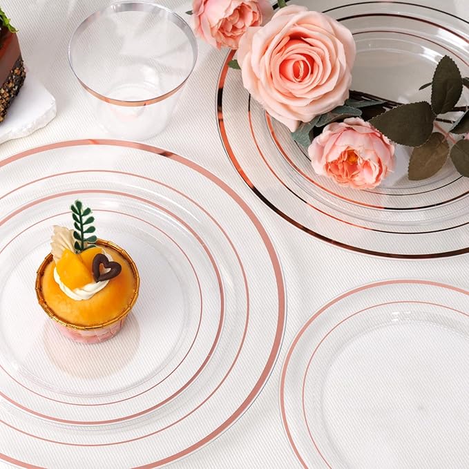 bUCLA 600PCS Clear Rose Gold Plastic Dinnerware Set Disposable - Include 100 Dinner Plates, 100 Dessert Plates, 100 Knives, 100 Forks, 100 Spoons, 100 Cups for Party, Wedding & Mother’s Day