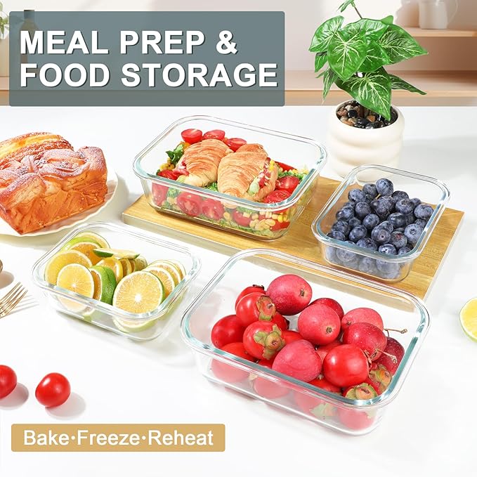 KOMUEE 52oz & 22oz Glass Food Storage Containers Set with Airtight Lids, BPA-Free, 4 Pack Meal Prep Containers for Baking, Serving - Freezer, Microwave, Oven, Dishwasher Safe