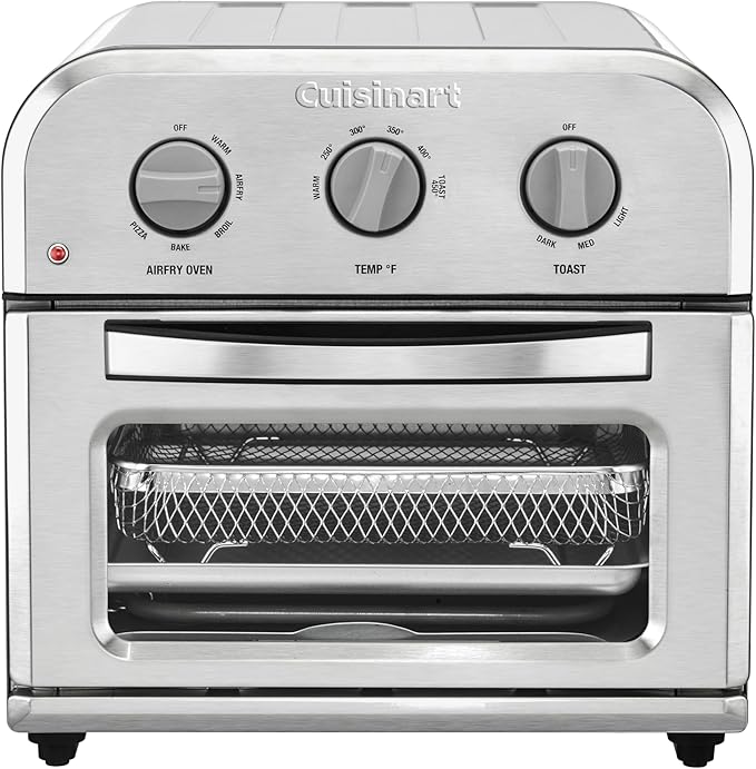 Cuisinart Compact Air Fryer Toaster Oven, Stainless Steel Fryer with 6-in-1 Functions, Adjustable Temperature, Includes Oven Rack, Baking Pan and Air Fry Basket, TOA-26