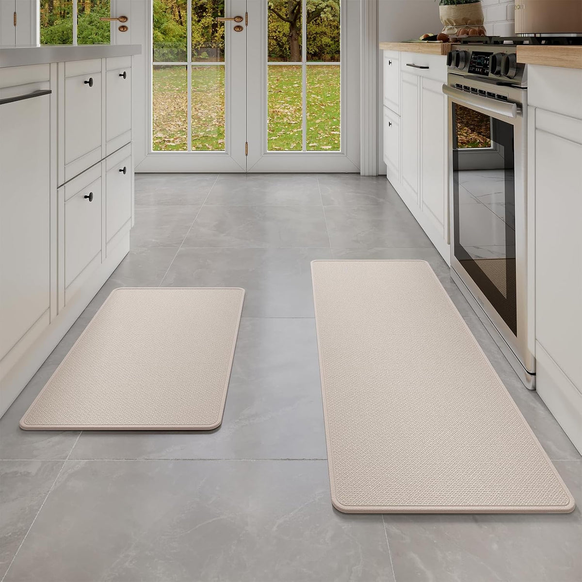 Kitchen mats for Floor Water and Oil Absorbent Runner Rugs for Kitchen, Kitchen Mat in Front of Sink,Non-Slip Kitchen Rugs,Durable Imitation Linen Kitchen Rug Beige 17x30+17x59