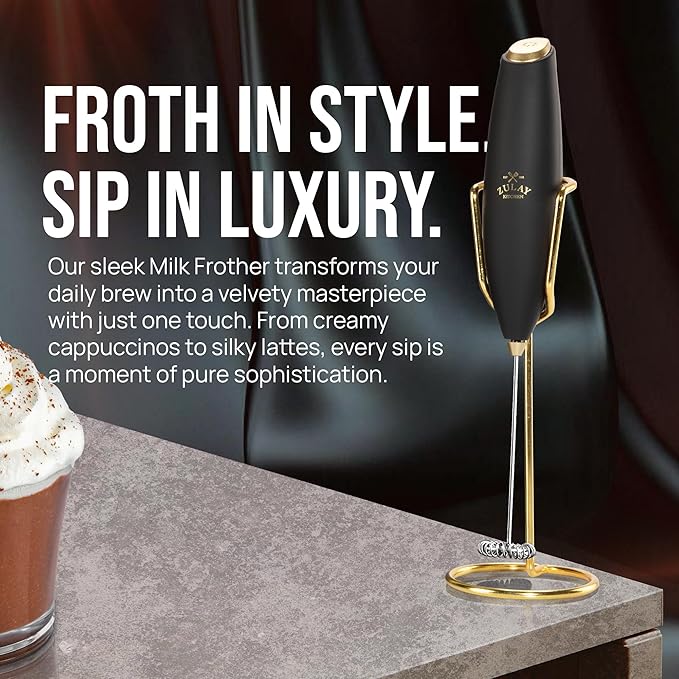 Zulay Kitchen Executive Series Luxury Gift Milk Frother with 4 Duracell Batteries – Handheld Electric Foam Maker for Coffee, Lattes & Hot Chocolate – Deluxe Finish, Ultimate Gift for Coffee Lovers