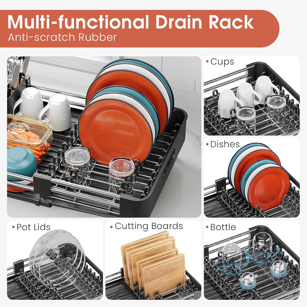 Dish Drying Rack for Kitchen Counter, Extendable Dish Rack with Drainboard, Expandable Dish Drainer, Collapsible Dish Strainer with Cutlery Holder, Foldable Home Countertop Plate Storage Rack, Black