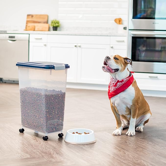 IRIS USA Airtight Dog Food Storage Container, Up to 38 lbs, Attachable Wheels, For Dog Cat Bird and Other Pet Food Storage Bin, Keep Fresh, Translucent Body, Easy Mobility, Navy