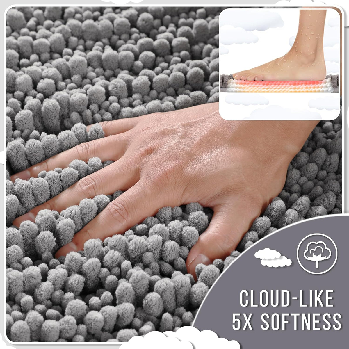 Yimobra Bathroom Runner Rug 60x24 Inch - Extra Long Non Slip Chenille Bath Mat, Soft & Absorbent, Machine Washable Shaggy Hallway Carpet for Vanity Tub Shower, Gray Home Decor Accessories