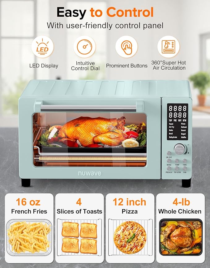 Nuwave Bravo Pro Smart Air Fryer Toaster Oven Combo, Airfryer Convection Oven Countertop, 10-in-1 Functions with Quicker & Even Crisp Technology, 1800W, 50-450°F, PFAS-Free, 21QT, Mint