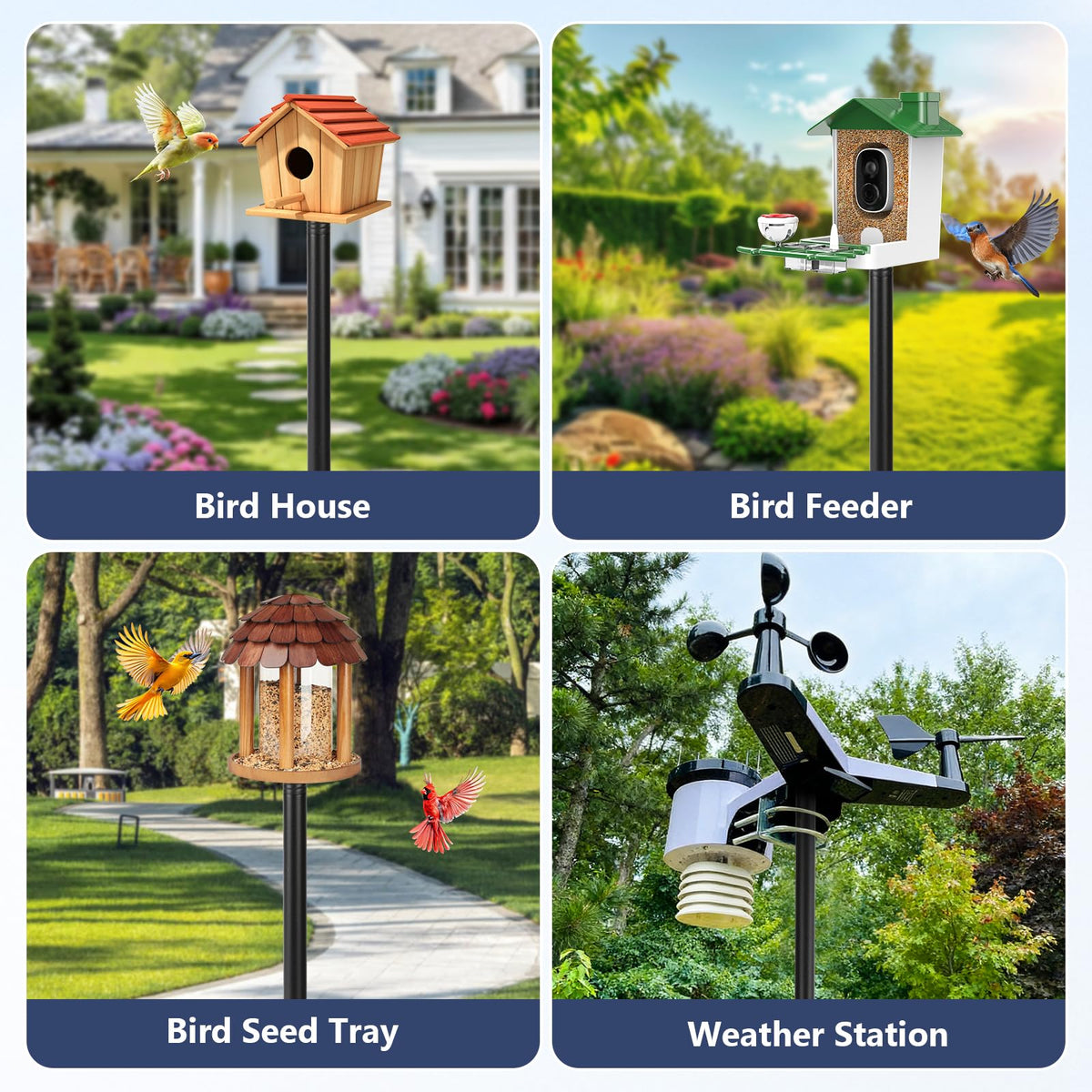 Smart Bird Feeder Pole Stand, 93 Inch Bird House Pole for Outdoors Heavy Duty Adjustable Mounting Pole for Smart Bird Feeder with 1 Inch Dia Bird Feeder Post Weather Station, Black