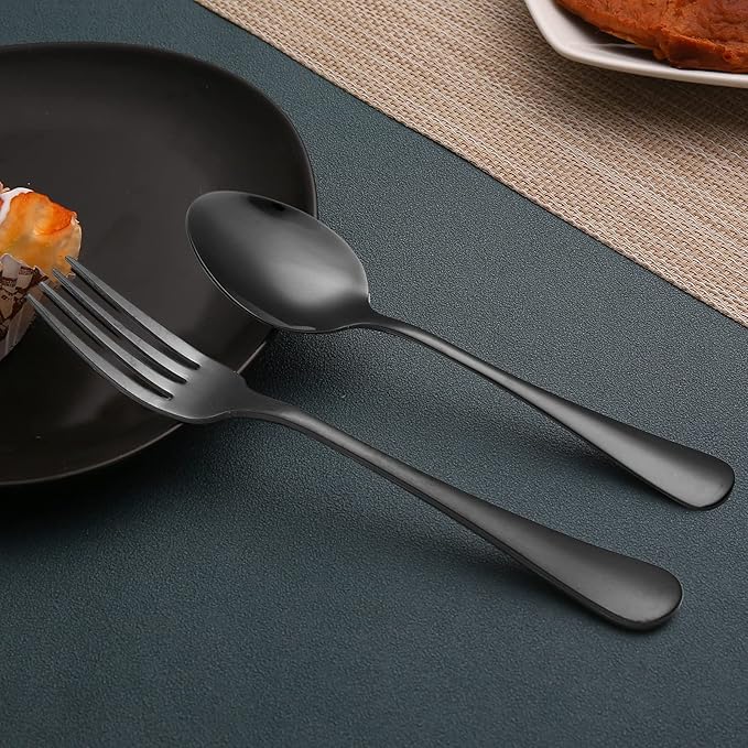 Set of 12, Stainless Steel Dinner Forks and Spoons Silverware Set, Heavy-Duty Forks (8 Inch) and Spoons (6.7 Inch) Cutlery Set, Dishwasher Safe (Black)