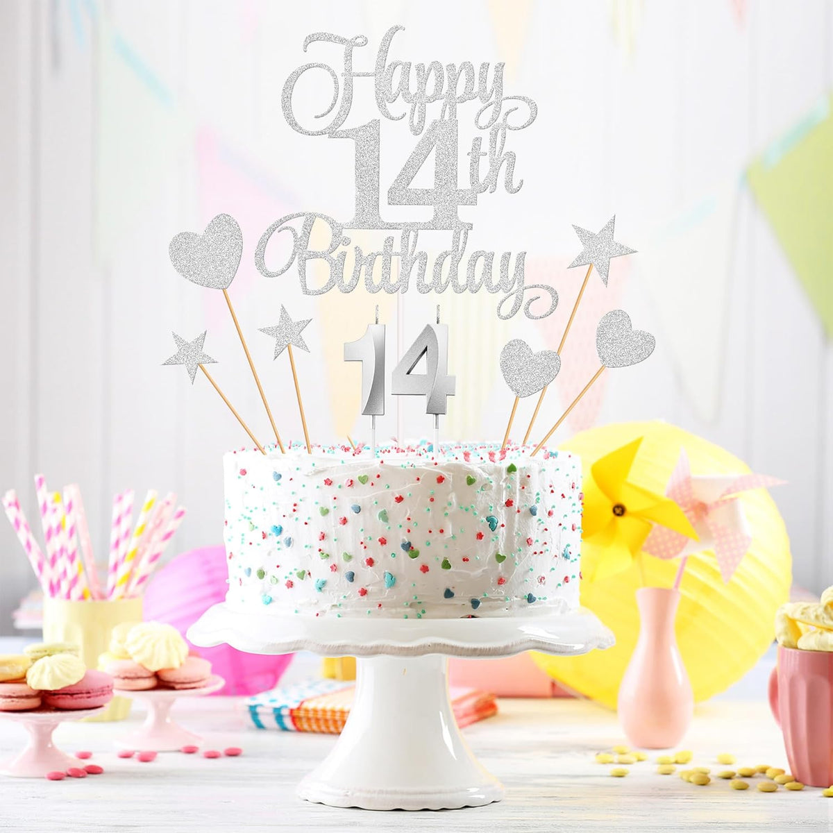 14th Birthday Cake Decorations, 14th Birthday Candles Cake Numeral Candles and Glitter Happy 14th Birthday Cake Toppers Set for Birthday Party Supplies (Silver)