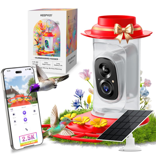 KEEPYOO 2.5K Hummingbird Feeder with Camera Solar Powered, Wireless Smart Bird Feeders for Outdoors, AI Identify Bird Species, Instant Notification, Ant Moat & Bee-Proof, Gift for Birds Lovers (Red)