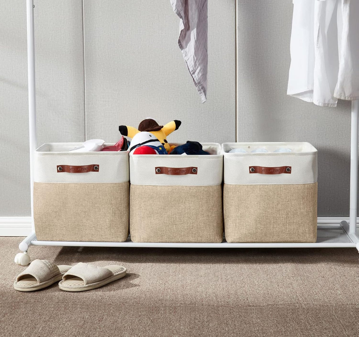 DECOMOMO 13 Inch Cube Storage Bins, Fabric Storage Cube, Basket for Kallax Shelves (Beige & White, Cube 13" - 4 Pack)