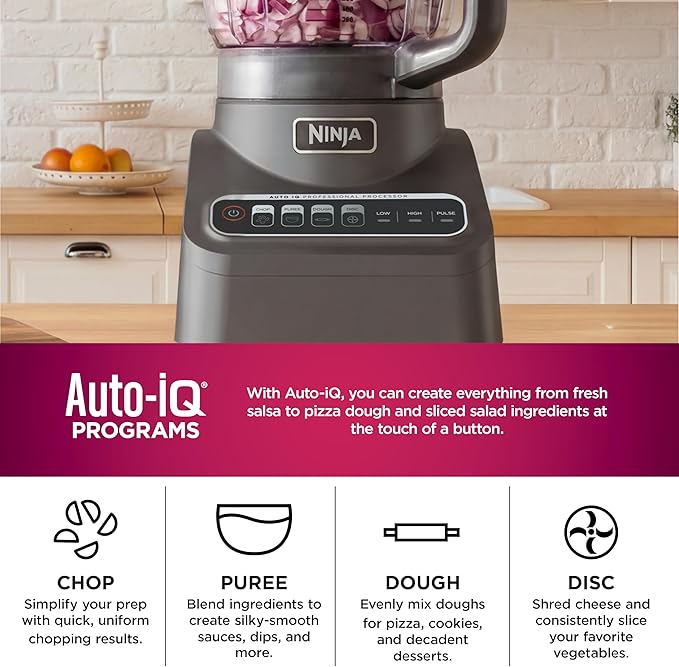 Ninja Food Processor, Professional Plus, 1000 Peak Watts, 4 Functions for Chopping, Slicing, Purees & Dough with 9-Cup Processor Bowl, 3 Blades, Food Chute & Pusher, Silver, BN601