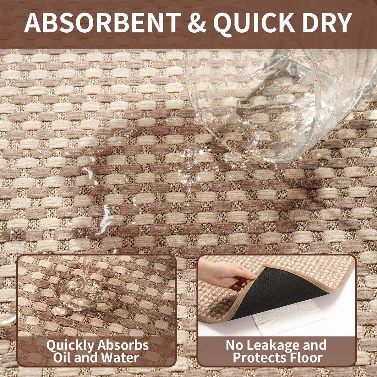 Kitchen Mat Kitchen Rugs Sets of 2 PCS Non Slip Washable, Super Absorbent Soft Braided Kitchen Mats for Floor, Rubber Backing Comfort Standing Kitchen Sink Mat Runner Rug, Brown 17"x28"+17"x47"