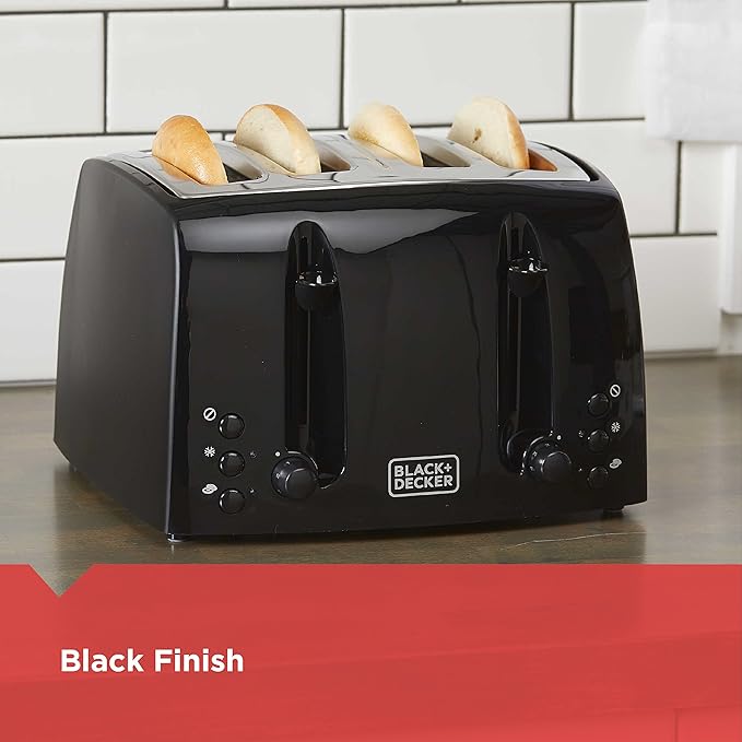 BLACK+DECKER 4-Slice Toaster, TR1410BD, Extra-Wide, 7 Shade Settings, Crumb Trays, Gloss Black