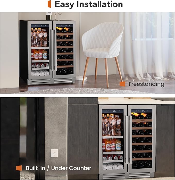 Ca'Lefort 30 Inch Wine and Beverage Refrigerator, 80 Can and 33 Bottle French Door Wine Refrigerator 36-72°F, 3 LED Wine Fridges with Glass Door, Built-in or Freestanding for Home/Kitchen (6.00 cu.ft)