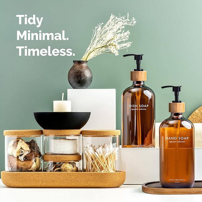 Vine Creations Amber Glass Soap Dispenser Set, Hand Soap and Dish Soap Dispenser Set with Bamboo Tray, 16 oz Glass Dispensers Bottle for Kitchen and Bathroom Decor Modern Boho with Bamboo Pump (Amber)