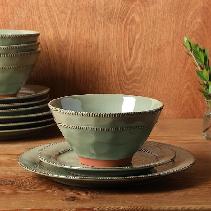 Gibson Elite Terranea 12 Piece Dishes Reactive Glaze Plates and Bowls Terracotta Dinnerware Set - Service for 4 - Green