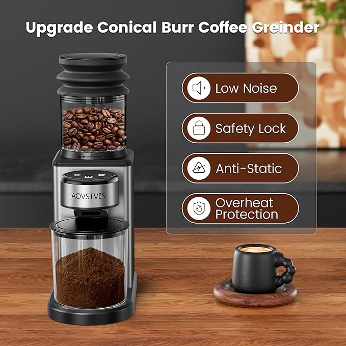 Conical Burr Coffee Grinder for Home,25 Precise Grind Settings,60-Second Timer,Easy to Clean Stainless Steel Burrs,Anti-Static & Anti-Slip Base