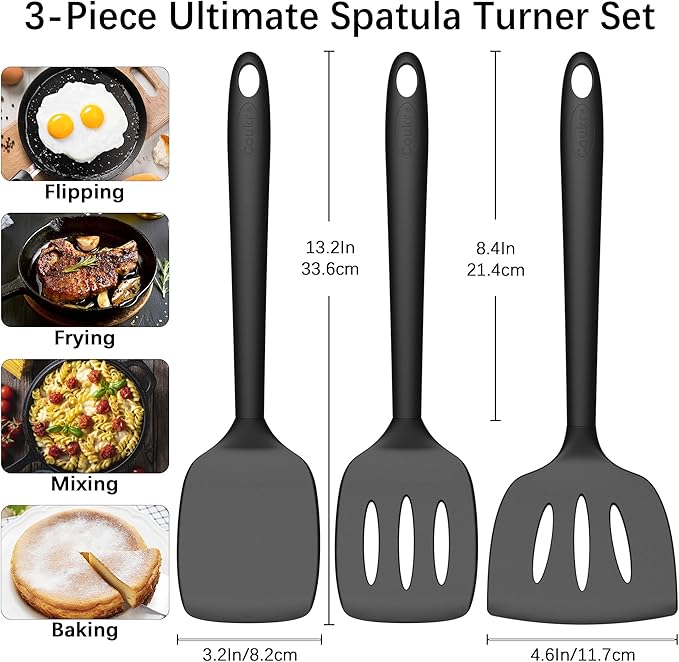 Coukre 3 Pack Silicone Spatula Set, High Heat Resistant, BPA-Free, Fish Spatula, Solid & Slotted Turner for Non-Stick Pans, Flipping Eggs, Pancakes, Fish, Burgers (3, PureBlack)