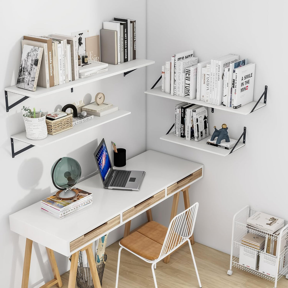 Heimlove White Deep Floating Shelves for Wall, 48W x 12D Wood Wall Shelves Set of 2, Wide Floating Bookshelf for Living Room, Kitchen, Office, Bedroom and Decor Storage, with Black Bracket - White