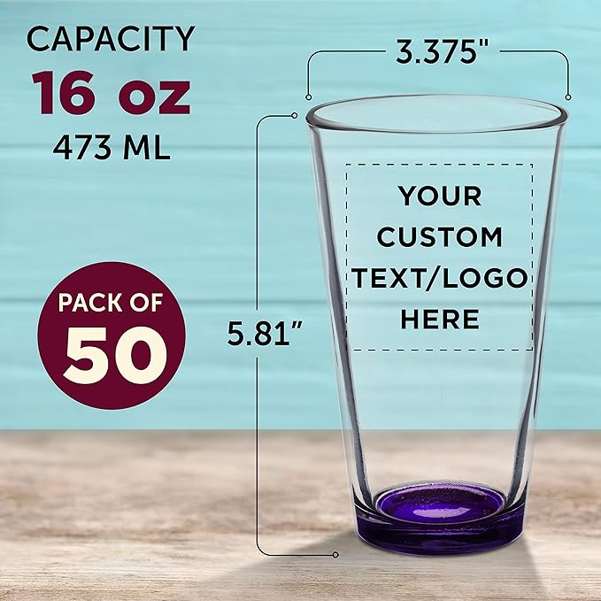 Custom Arc Pint Glass 16 oz. Set of 50, Personalized Bulk Pack - Beer Glasses, Heavy Duty Drinkware - Purple