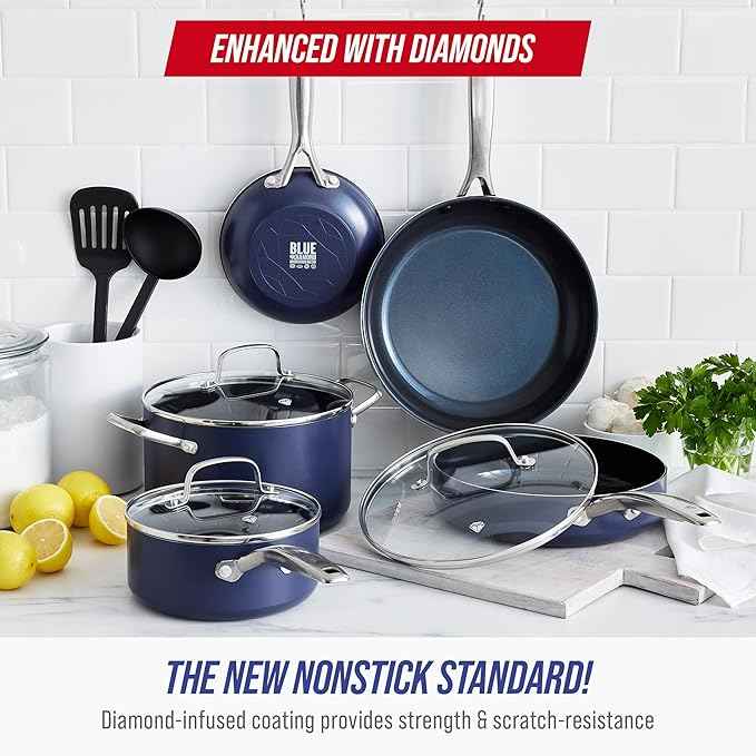 Blue Diamond 10 Piece Nonstick Cookware Set, Diamond Ceramic Pots & Pans, Dishwasher & Metal Utensil Safe, Non Toxic PFAS-Free, Kitchen Cooking Sauce & Saute Pans, Oven & Broiler to 600F, Blue
