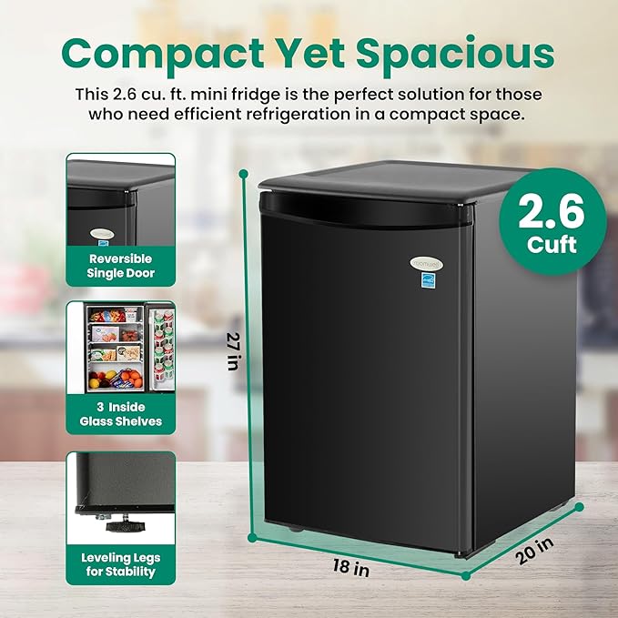 roomwell E-Star 2.6 Cu Ft Mini Fridge without Freezer - Black Mini Fridge AUTO DEFROST, Reversible Single Door, Glass Shelf Refrigerator - A Space-Saving Marvel for Your Bedroom, Dorm, and Office