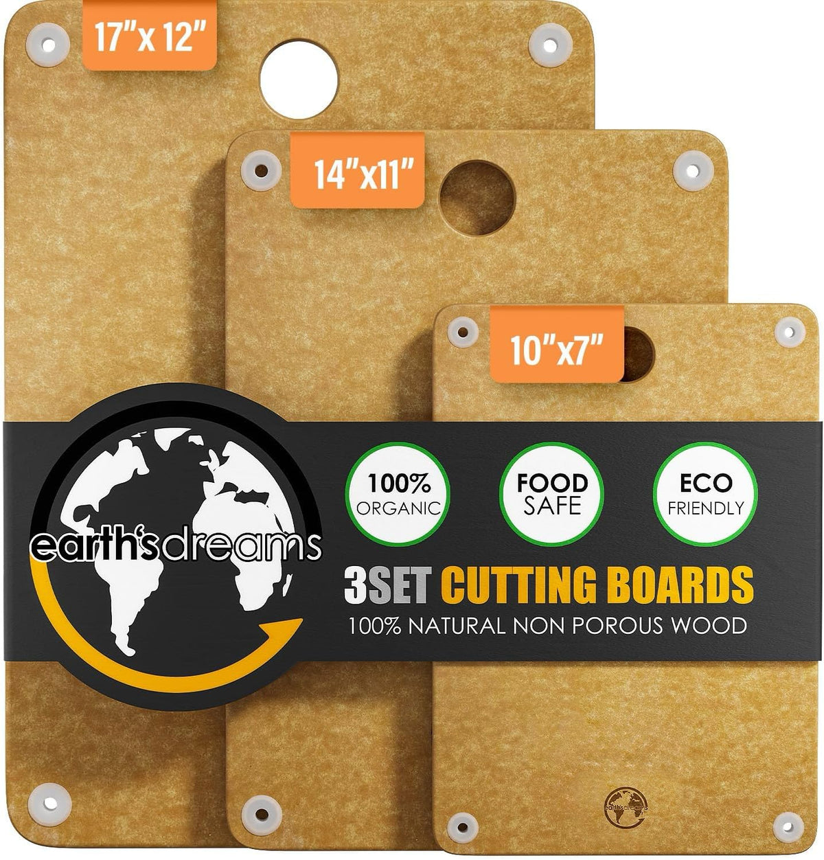 Earth’s Dreams Wood Cutting Board Set 3-Piece: Small, Large & Extra Large - Charcuterie Board, Non-Plastic, Non-Toxic, Heavy-Duty, Dishwasher Safe (Tan)