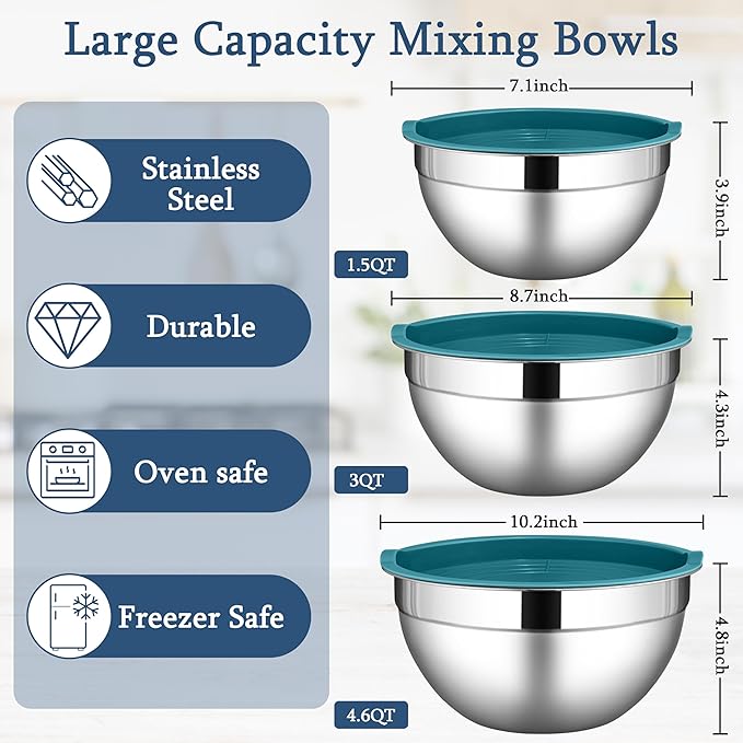 LIANYU Mixing Bowls Set with Airtight Lids, Stainless Steel Large Metal Kitchen Bowls Set of 3, Dishwasher & Freezer Safe, 1.5QT & 3QT & 4.6QT, Blue