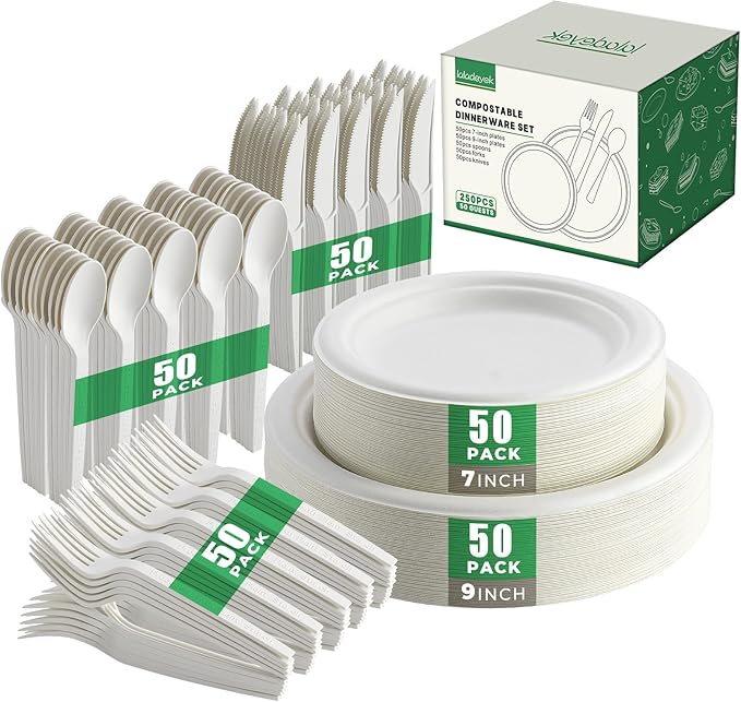 250 Pcs Biodegradable Paper Plates Set Disposable Dinnerware Set, Eco Friendly Compostable (EXTRA LONG UTENSILS), Utensil include, Forks, Knives and Spoons for Party andBirthday party, camping