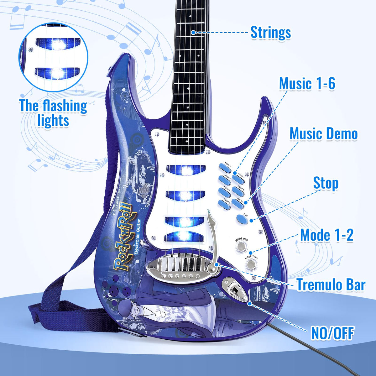 deAO Musical Guitar Play Set,Adjustable Height Microphone,Amplifier Set with Stand,Music Light Karaoke Music Toys Birthday for Kids Boys Girls