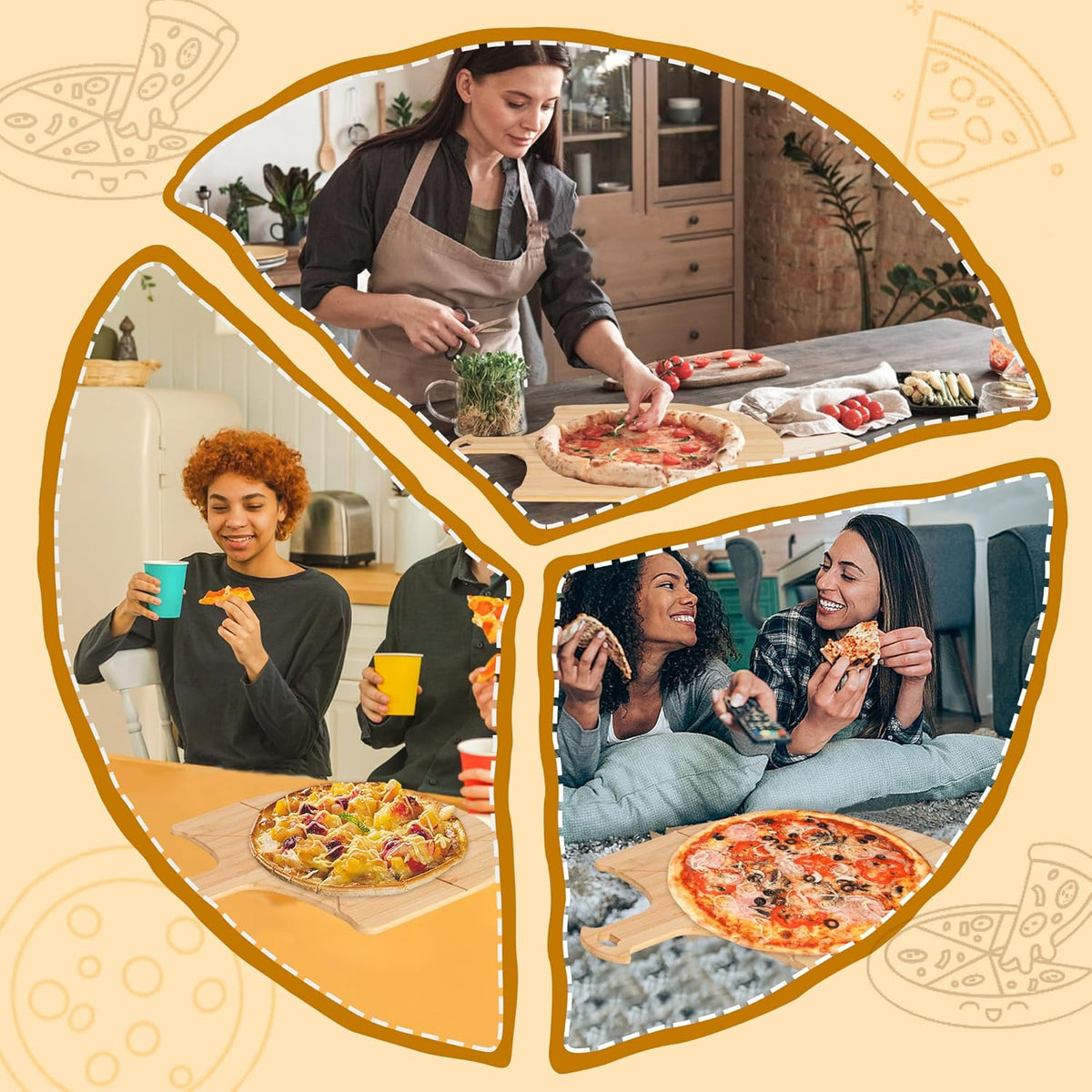 Pizza Peel Wooden, 4 Pack of 12 Inch Pizza Spatula Wood Non-Stick, Bamboo Pizza Paddle as Cutting Board with Cutting Grooves for Easy Pizza and Bread Making