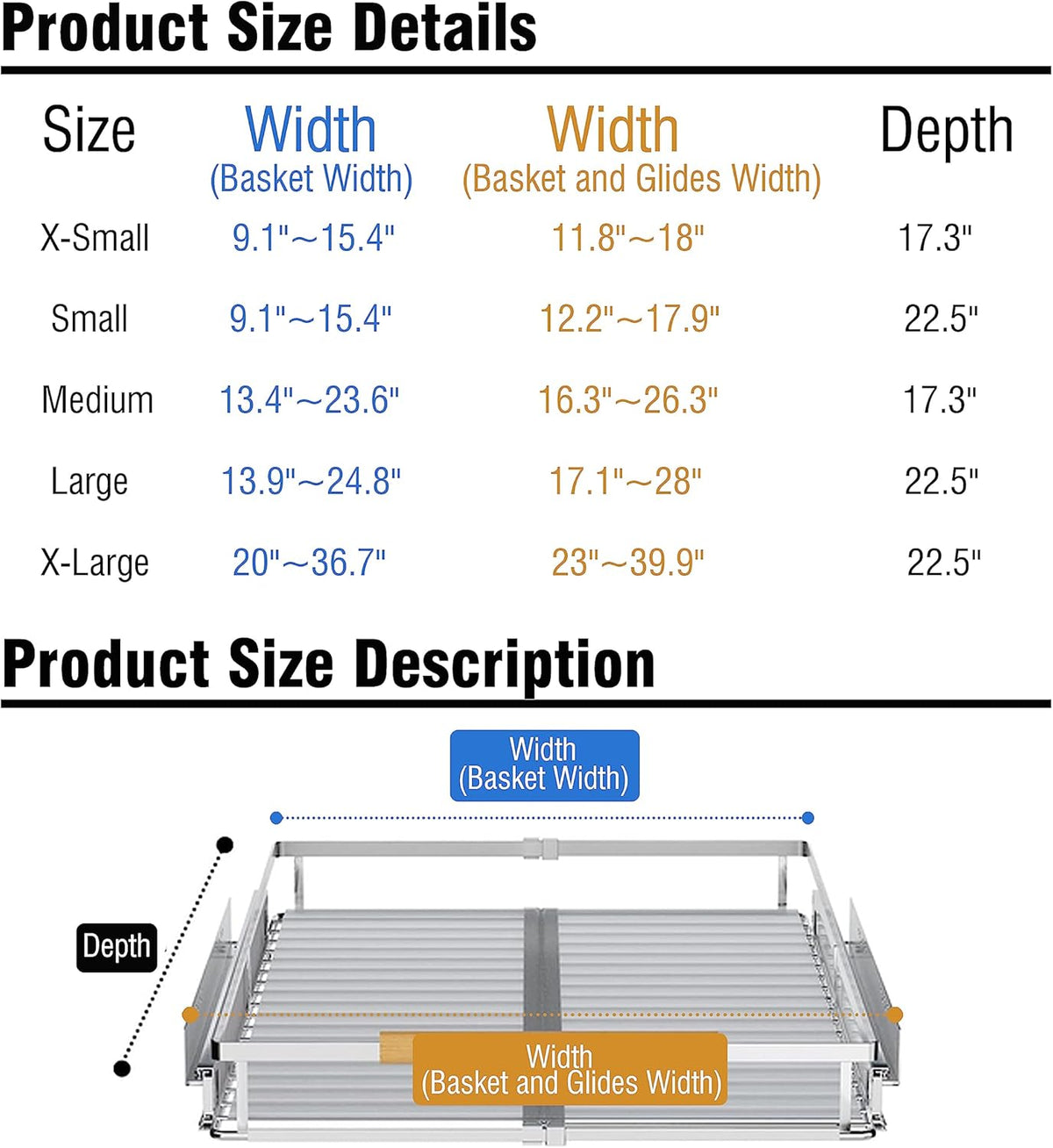 Expandable Pull Out Cabinet Organizer,23~39.8"W x 22.5"D Heavy Duty Slide Out Shelves Adjustable Height Cabinet Pull Out Shelves,Expandable Width Spice Rack Organizer for Kitchen Cabinet