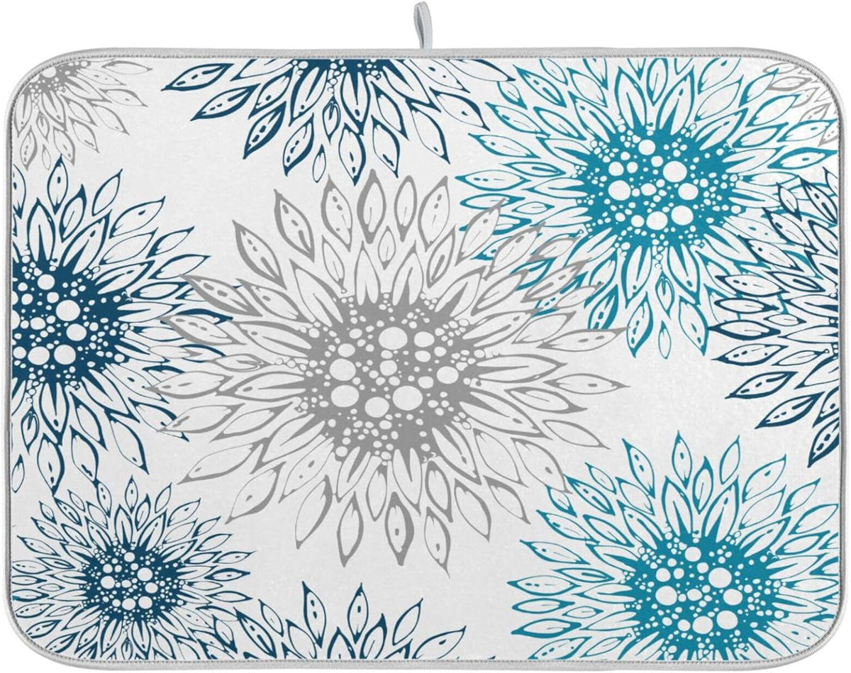Abstract Flowers Sunflowers Dish Drying Mat for Kitchen Counter Absorbent Microfiber Drying Pad, Large 18x24 in, Blue White Reversible Drainer Mats