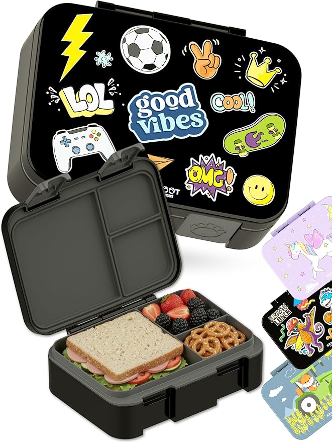 BEARFOOT Kids Lunch Box with Compartments – Compact & Lightweight | Leak-Proof, BPA-Free, Dishwasher & Microwave Safe | Hand-Drawn Design for Preschool, School, Travel (Sticker Black, 2.75 Cups)