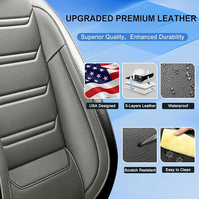 Car Seat Covers for Select Honda Fit 2007-2020, Premium Full Coverage Leather, Airbag Compatible& Scratch-Resistant, Waterproof & All Weather Breathable Seat Protector, Front Pair Black+Gray