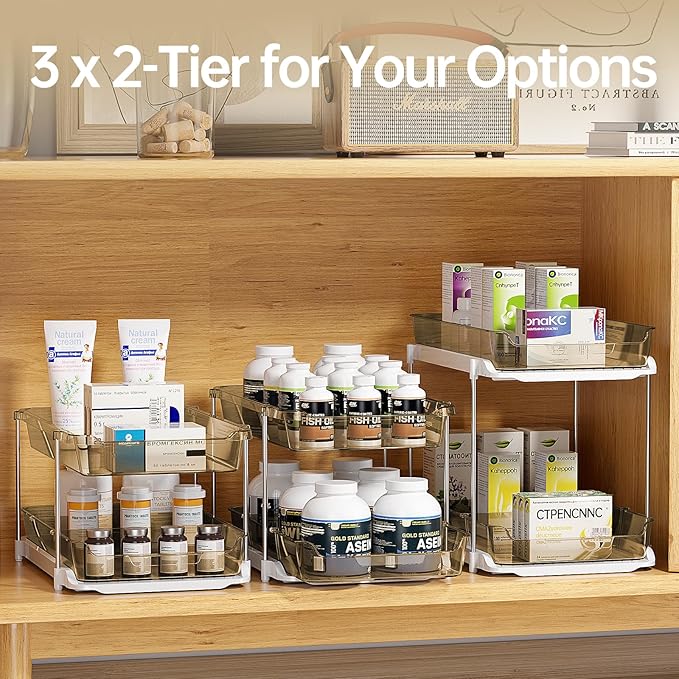 Delamu 2 Pack 3-Tier Bathroom Under Sink Organizers and Storage, Multi-Purpose Stackable Pantry Organization and Storage, Pull Out Clear Kitchen Bathroom Cabinet Organizer with Movable Dividers, Amber