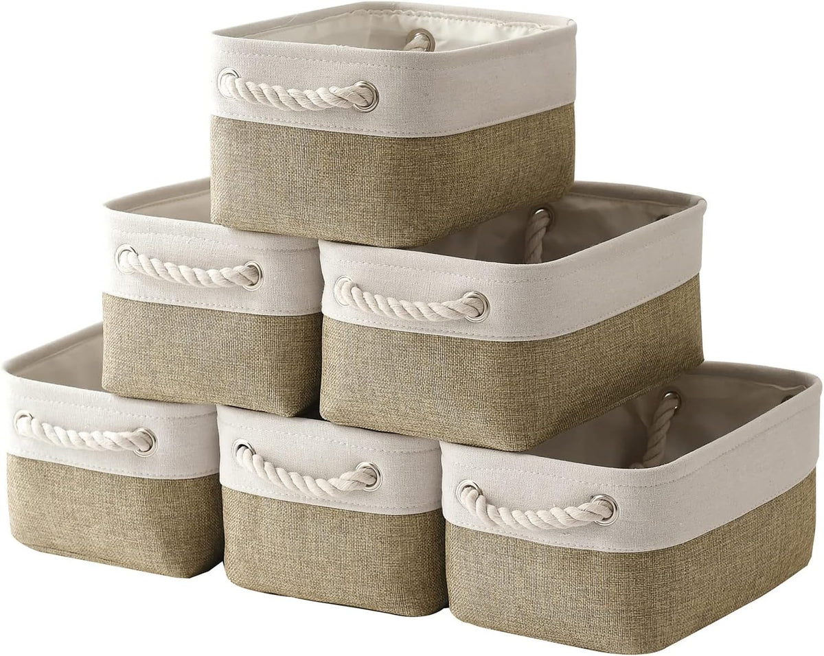 TcaFmac Storage Bins for Shelves - Small 6 Pack Collapsible Storage Basket for Organizing, Fabric Storage Cubes with Handle for Closet Cloth Toy Gift Kids (White & Khaki 11.8x7.8x5.2 inch)