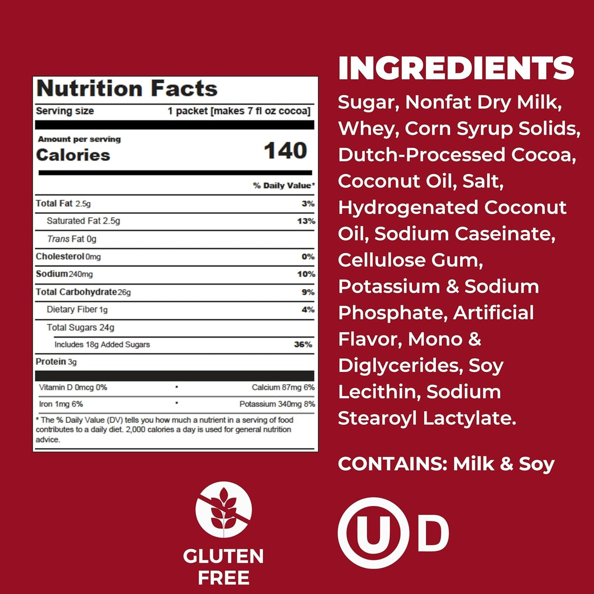 Cocoa Classics Raspberry Cocoa Mix, Hot Chocolate, Made with Nonfat Milk, Just Add Hot Water, Make Hot or Iced Cocoa, Gluten Free & Kosher Dairy Friendly, 1.25oz Packets (Pack of 36)