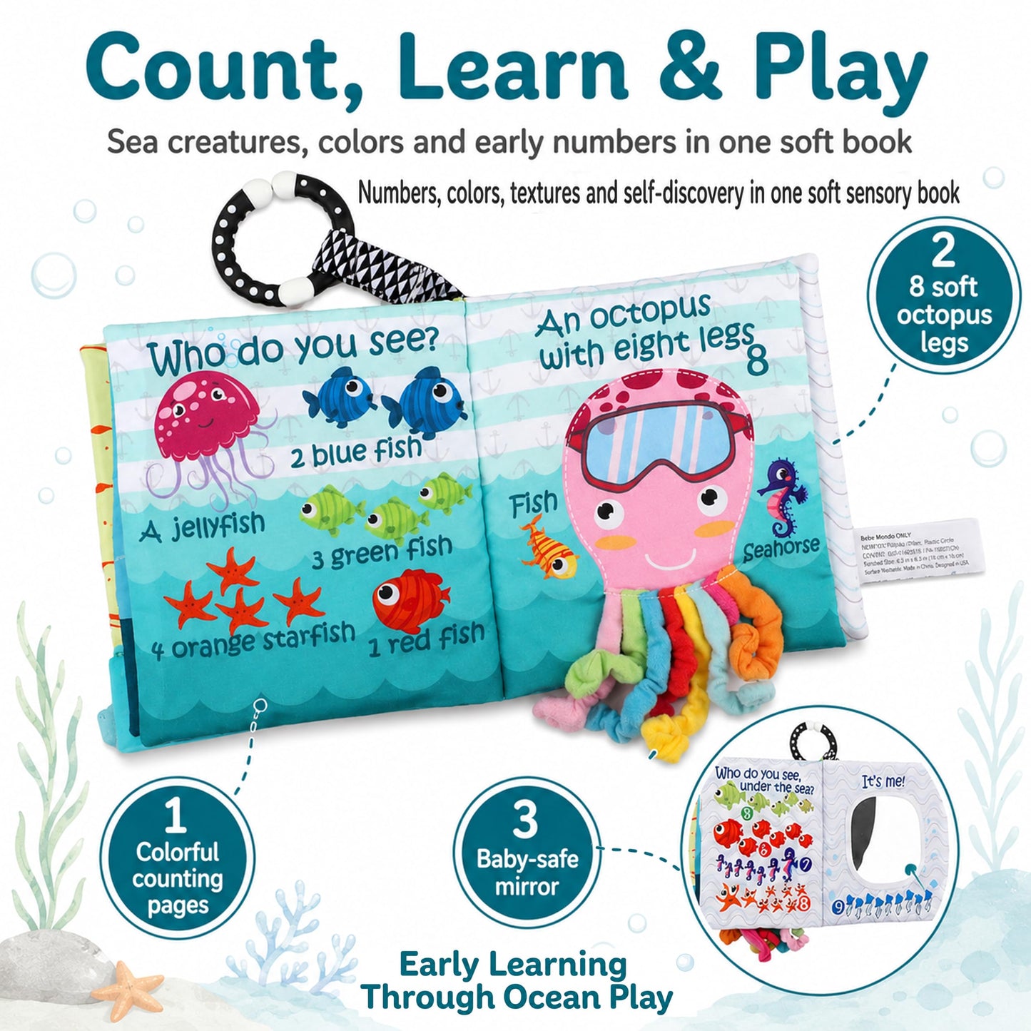 Fish Baby Books Toys, Touch Feel Cloth Crinkle Books for Babies,Baby Infant Toys 0-6, 6-12,12-18 Months,Newborn,Early Learning Education, Baby Gifts Shower for Boys Girls,Teething, Mirror,Shark Ocean