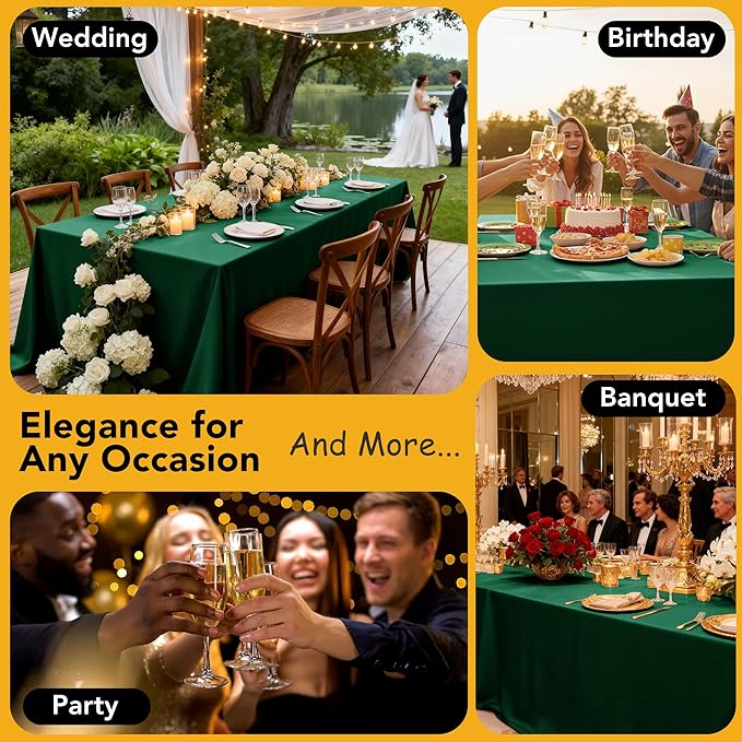10-Pack Hunter Green Tablecloths for Rectangle Tables, 60 x 120 Inches, Stain-Resistant Polyester Fabric for 6 Foot Tables - Washable Table Covers for Weddings, Birthday Parties, Events