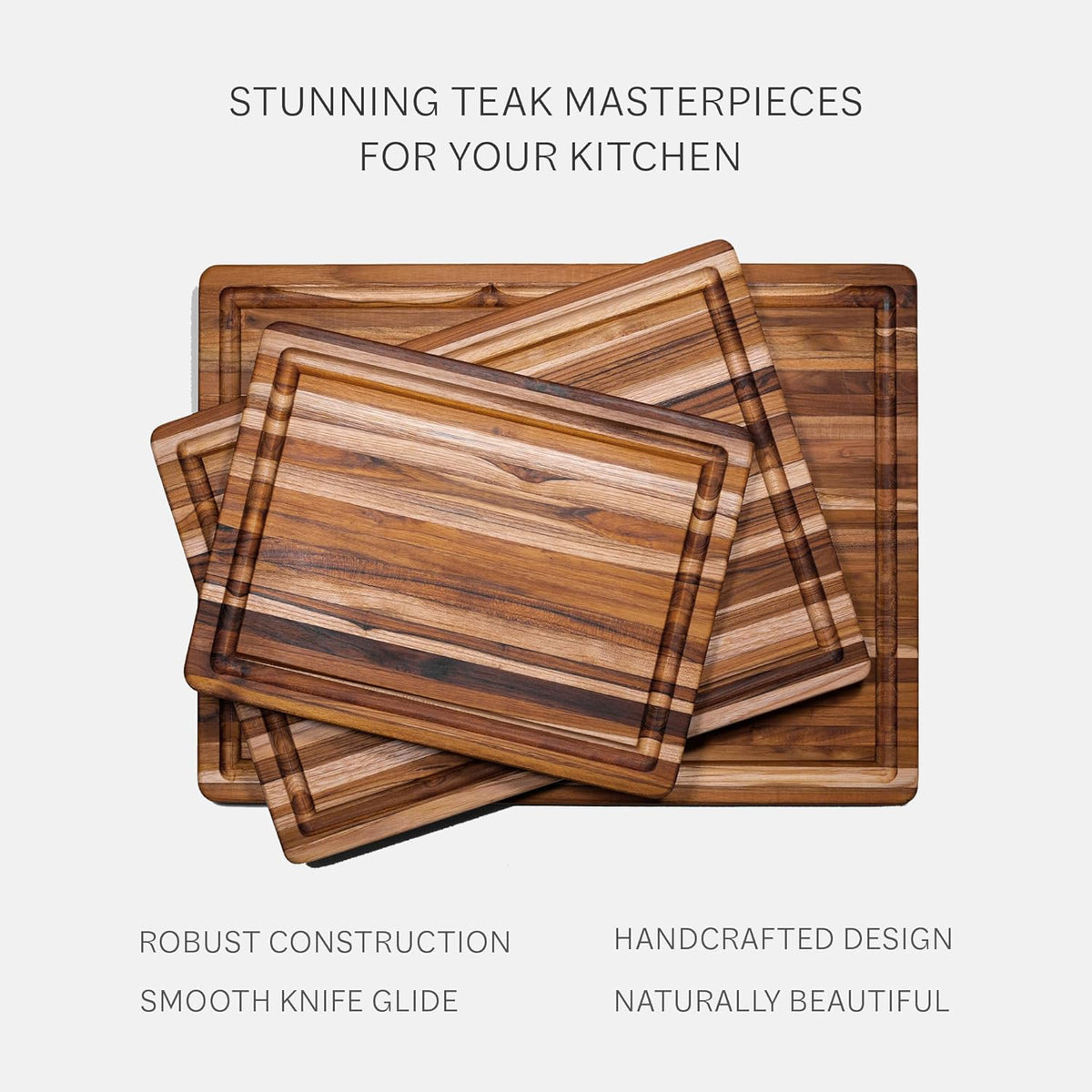 Teakhaus Cutting Board - Small (S) Wood Cutting Board with Juice Groove and Grip Handles - 14”L x 10”W - Thin, Lightweight, Reversible Teak Edge Grain Wood - Knife Friendly - FSC Certified